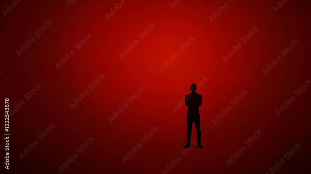 Silhouette of a Man Stands Confidently Against a Vibrant Red Background, Embracing Solitude and Strength. Silhouette of a Man Stands Confidently Against a Vibrant Red Background, Embracing Solitude and Strength.