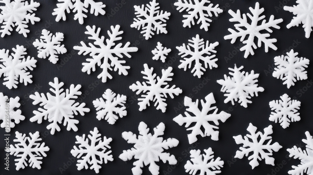 White snowflake decorations arranged on a dark black background in a pattern White snowflake decorations arranged on a dark black background in a pattern