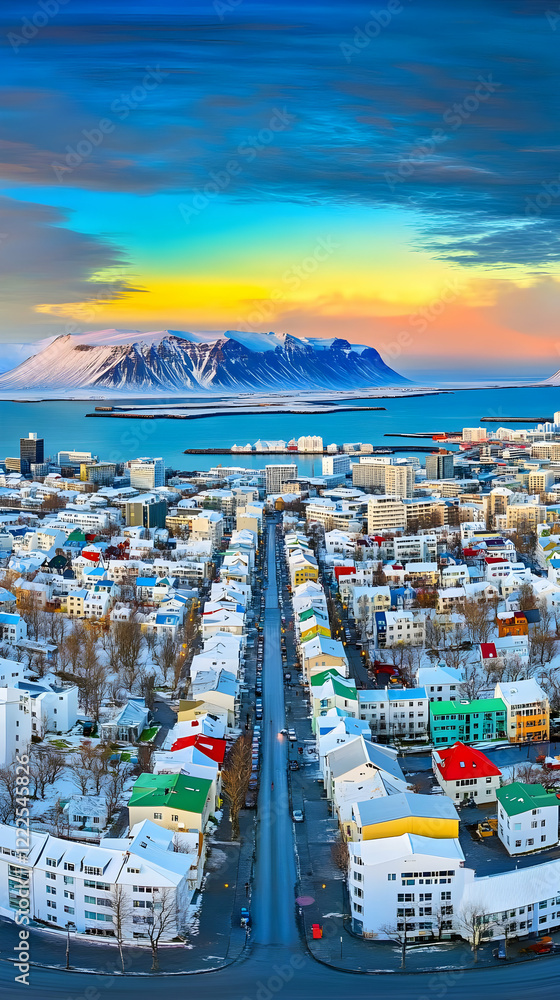 Obraz premium Colorful Reykjavik Cityscape Shows Off Snow-Covered Roofs and Distant Mountain at Sunset