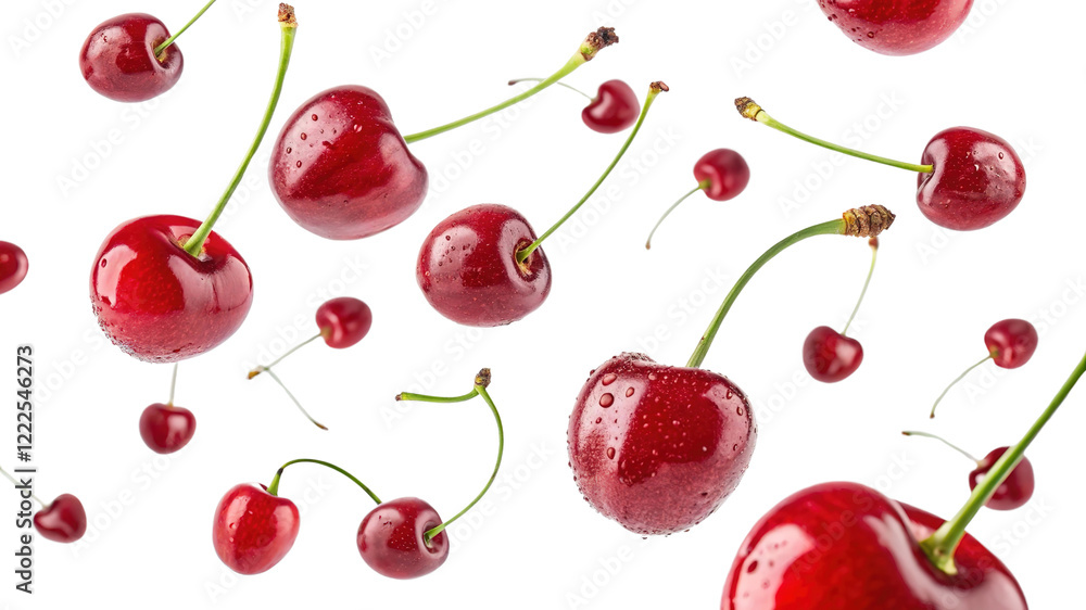 Fresh Ripe Cherries Suspended in Mid-Air with Vibrant Colors on Transparent Background PNG
Fresh Ripe Cherries Suspended in Mid-Air with Vibrant Colors on Transparent Background PNG