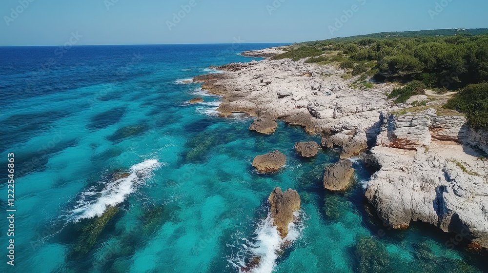 Obraz premium Aerial View of Turquoise Water and Rocky Coastline with Mediterranean Vegetation.