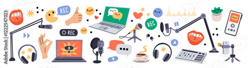 Recording studio icons. Podcast elements. Human hands. Live streaming. Microphones and laptop. Guests interview. Headphones and equalizer. Audio broadcast service. Garish vector set