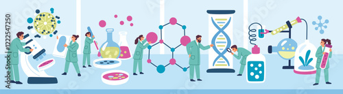 People in laboratory. Scientific research in field of genetics. Chemistry and medicine lab experiment. Tiny people conducting tests. DNA and chemical molecule. Garish vector concept