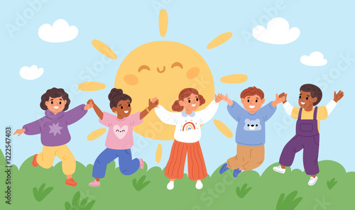 Little friends having fun in clearing. Smiling kids jumping on meadow grass. Happy children holding hands. Funny boys and girls laughing. Excited preschoolers group. Garish vector concept