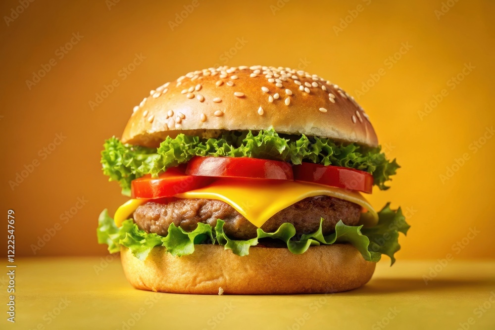 A mouthwatering sesame seed bun hamburger with melted cheese, crisp lettuce, and juicy tomato slices, perfectly presented against a vibrant yellow background A mouthwatering sesame seed bun hamburger with melted cheese, crisp lettuce, and juicy tomato slices, perfectly presented against a vibrant yellow background