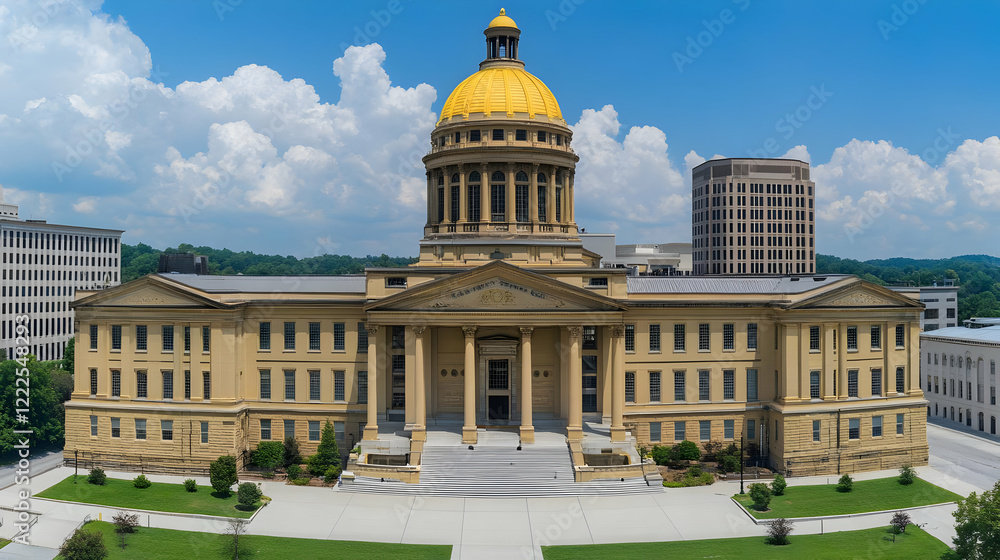Obraz premium Majestic Building with Golden Dome Stands Tall Against a Cloudy Blue Sky in a Cityscape.