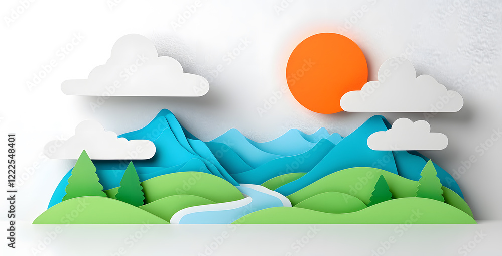 Fototapeta premium Landscape with mountains and sea waves in paper cut style