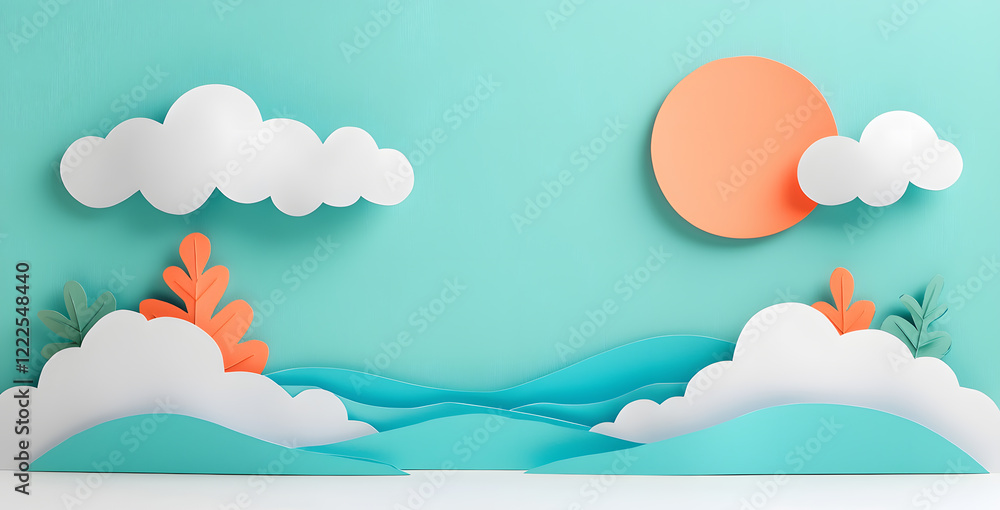 Landscape with mountains and sea waves in paper cut style Landscape with mountains and sea waves in paper cut style