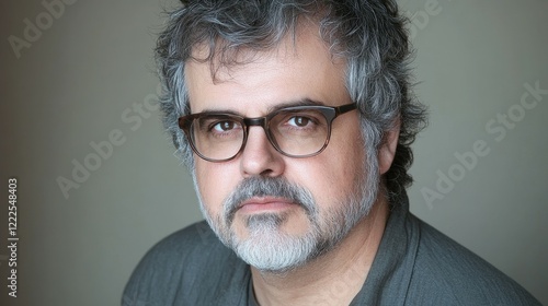 A man with gray hair and glasses sits in a relaxed environment, displaying a thoughtful demeanor. Soft lighting highlights his facial features, conveying a sense of contemplation photo