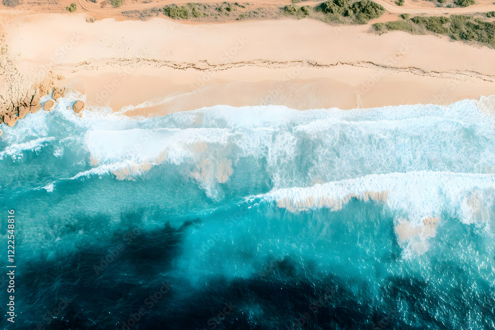 Aerial View of Turquoise Ocean Waves Crashing on Sandy Beach with Coastal Landscape