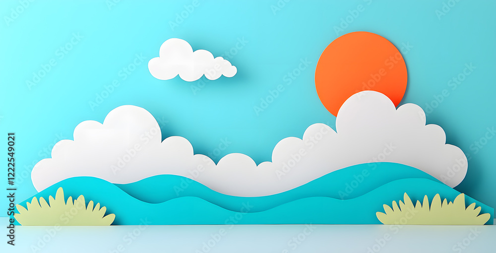 Landscape with mountains and sea waves in paper cut style Landscape with mountains and sea waves in paper cut style