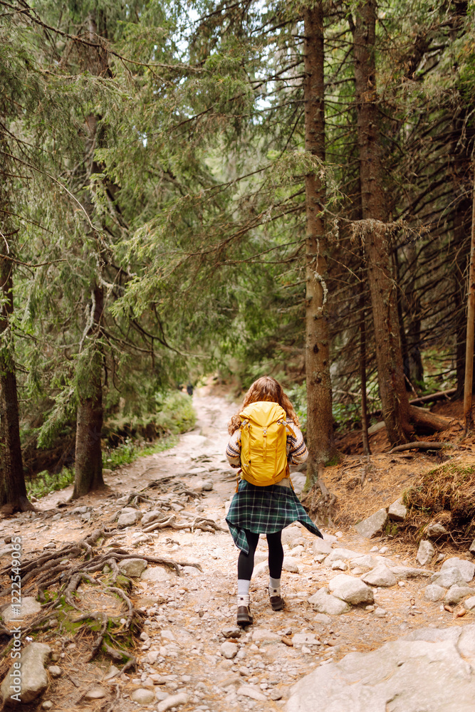 Woman tourist traveler walking along hiking trails in the mountains among forests and cliffs. Hiking active people tourists wearing backpacks outdoors trekking in pine forest. Woman tourist traveler walking along hiking trails in the mountains among forests and cliffs. Hiking active people tourists wearing backpacks outdoors trekking in pine forest.