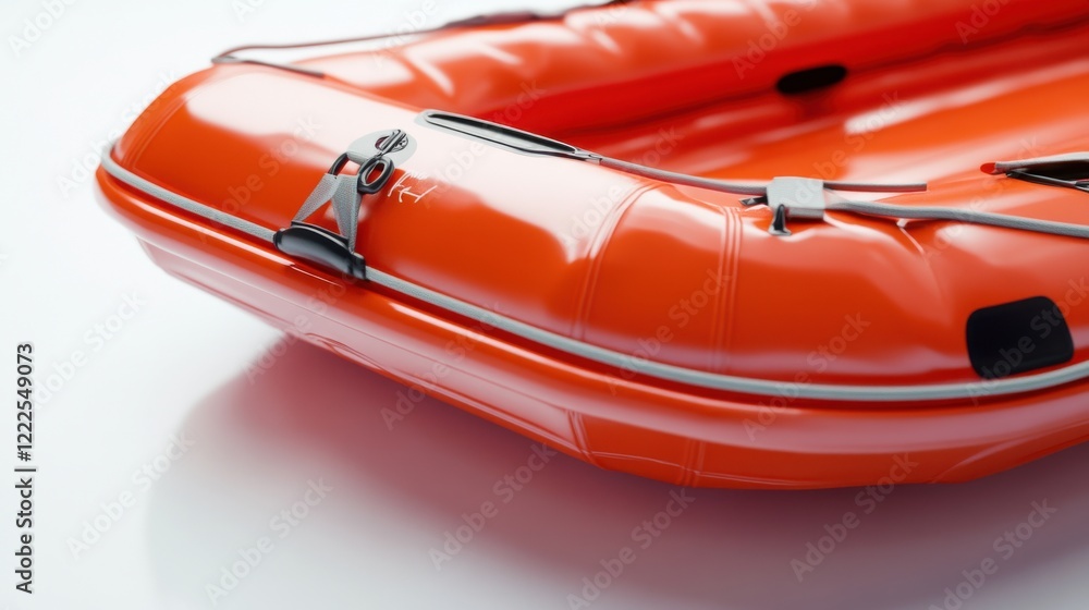 Naklejka premium Close-up of a vibrant orange inflatable raft showcasing its sleek design and sturdy features