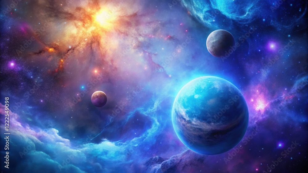 A Celestial Tapestry Woven with Cosmic Dust, Glowing Nebulae, and Vibrant Planets Orbiting a Brilliant Star A Celestial Tapestry Woven with Cosmic Dust, Glowing Nebulae, and Vibrant Planets Orbiting a Brilliant Star