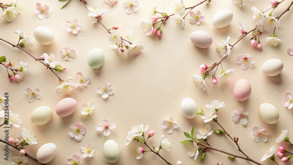 Fototapeta premium Pastel Eggs and Delicate Spring Blossoms Arranged on a Soft Beige Background, Creating a Festive and Elegant Composition Perfect for Springtime Celebrations