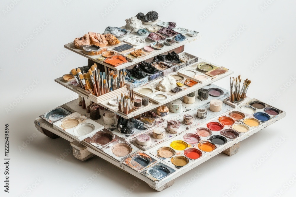 A Multi-Tiered Artist's Palette, A Masterpiece of Artistic Expression and Preparation, showcasing a collection of paints and brushes, ready to inspire the next masterpiece. A Multi-Tiered Artist's Palette, A Masterpiece of Artistic Expression and Preparation, showcasing a collection of paints and brushes, ready to inspire the next masterpiece.