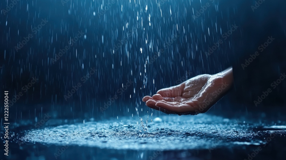 Fototapeta premium Gentle Rain Falling on Outstretched Hand, Capturing the Beauty and Tranquility of Nature's Elements
