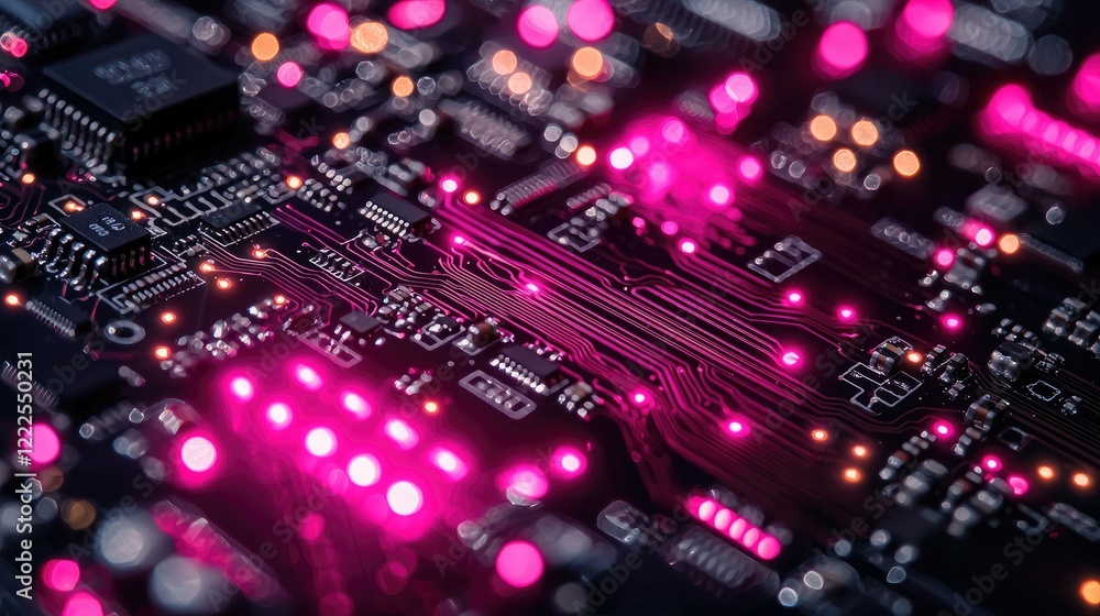 Obraz premium Illuminated Circuit Board Displays Complex Electronics