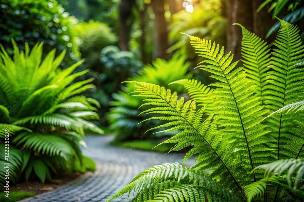 Lush Green Ferns and Winding Stone Path in a Serene Garden Setting Lush Green Ferns and Winding Stone Path in a Serene Garden Setting