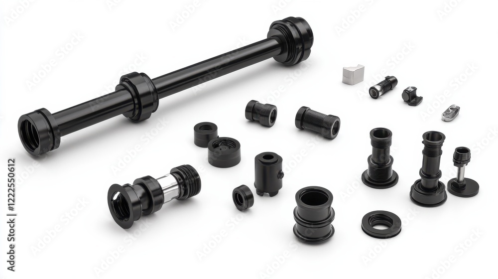 Collection of black mechanical components arranged on a white background for industrial use Collection of black mechanical components arranged on a white background for industrial use