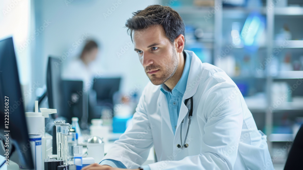 focused medical professional in laboratory setting analyzing data on computer, surrounded by scientific equipment and blurred background of busy lab environment
