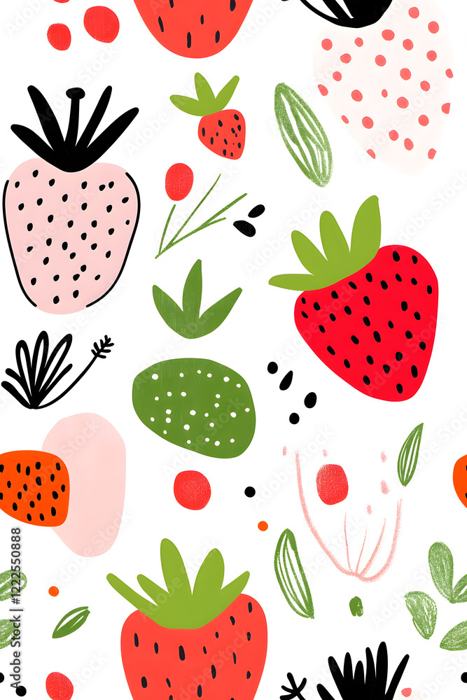 Hand-drawn seamless pattern with cute strawberry Hand-drawn seamless pattern with cute strawberry