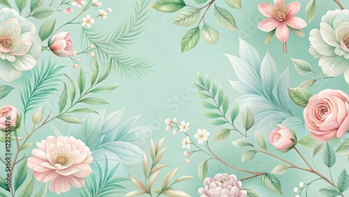 Wallpaper Mural A Delicate Arrangement of Pastel Blossoms and Lush Greenery on a Mint Background Torontodigital.ca