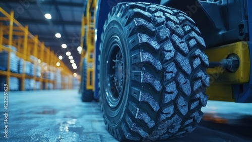 Forklift tire tread close-up warehouse high-definition image industrial environment low angle view photo