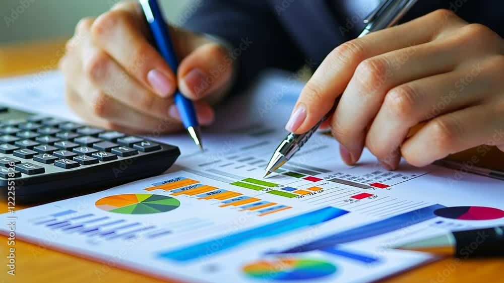 Hands analyzing financial reports with graphs and charts on a desk, calculator nearby Hands analyzing financial reports with graphs and charts on a desk, calculator nearby