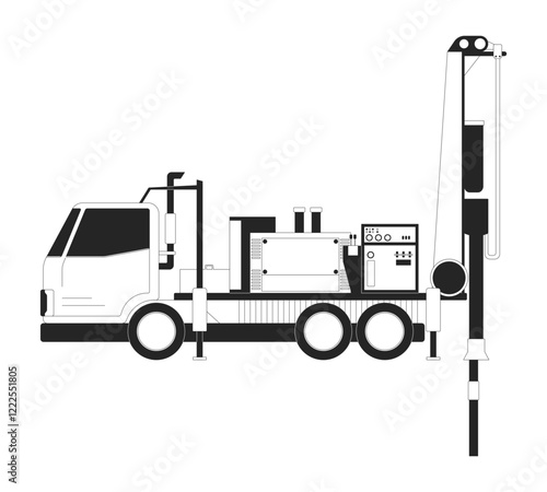 Water well drilling rig with truck and machinery black and white 2D line object. Groundwater extraction. Industrial equipment isolated clip art vector outline item. Monochromatic spot illustration