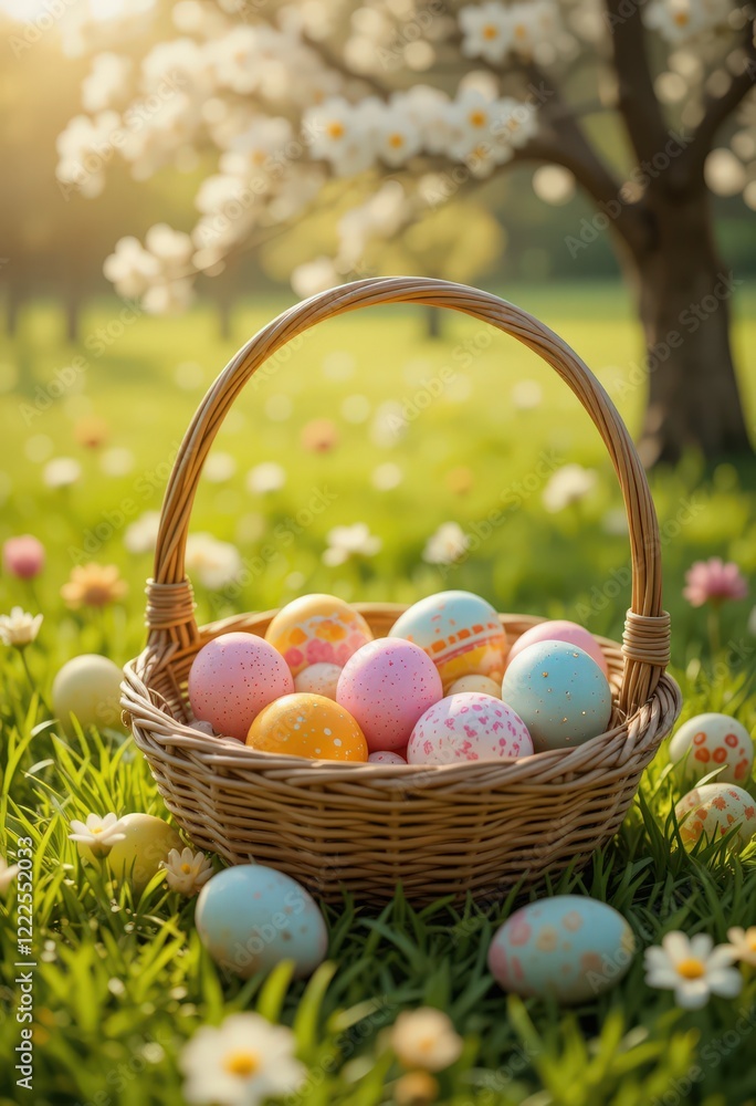Basket with colorful Easter eggs on green field. Basket with colorful Easter eggs on green field.