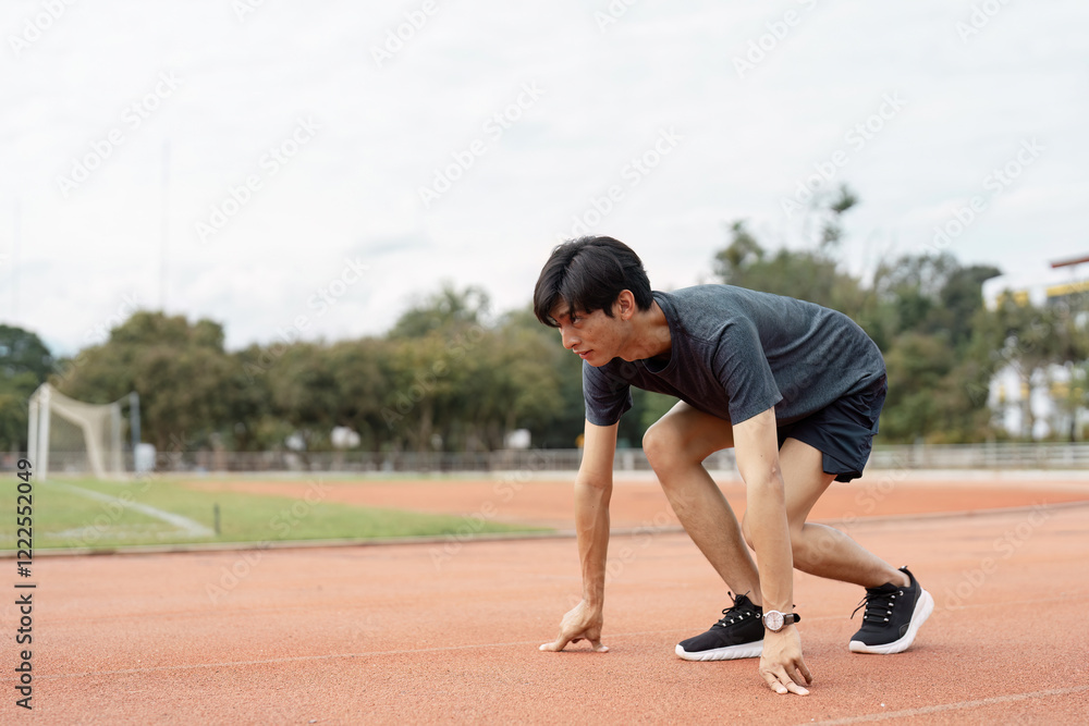 Determined young man preparing to sprint on a track, focused on his fitness and athletic training Determined young man preparing to sprint on a track, focused on his fitness and athletic training