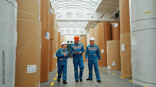 A group of paper mill workers conduct an inspection of a huge paper warehouse. Workers collect data and enter it into a digital tablet. Packaging industry, production of packaging from recycled paper