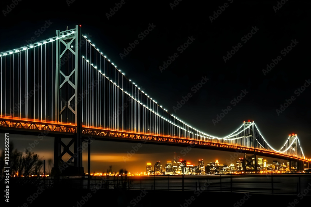 Suspension Bridge Illuminates the Night Sky with City Skyline Majestically Displayed Behind Suspension Bridge Illuminates the Night Sky with City Skyline Majestically Displayed Behind