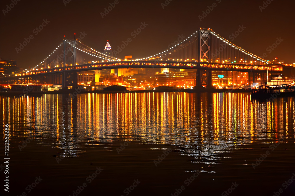 Obraz premium Suspension Bridge Illuminates the Night Sky, Reflecting on Calm Water with City Lights Glowing.