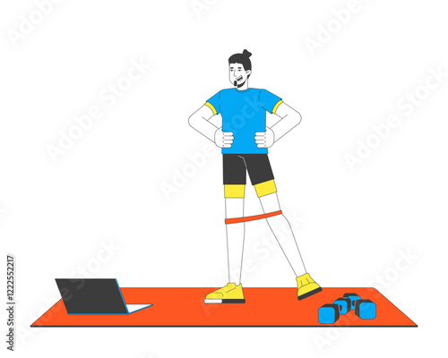 Man doing resistance band exercise on yoga mat with dumbbells and laptop 2D cartoon character. Online fitness workout guy isolated person flat vector on white background. Spot illustration colorful