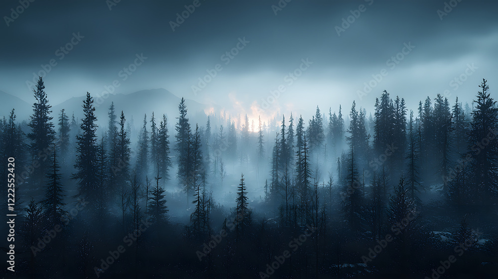 Obraz premium Misty Mountain Forest: An atmospheric landscape photo depicting a dense coniferous forest shrouded in a thick, ethereal mist, with a hint of sunlight breaking through the clouds in the distance.