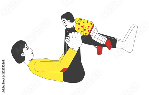 Asian mother playing with child 2D cartoon characters. Parenting. Korean mom lying on back, lifting toddler in air playfully isolated people flat vector on white background. Spot illustration colorful