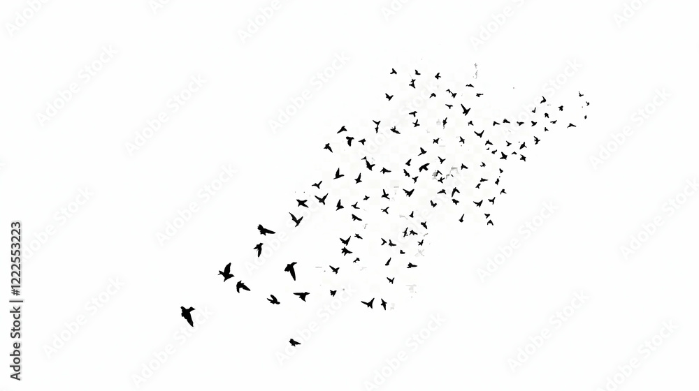 A Flock of Birds Flying in Formation Against a Clear White Sky Background A Flock of Birds Flying in Formation Against a Clear White Sky Background