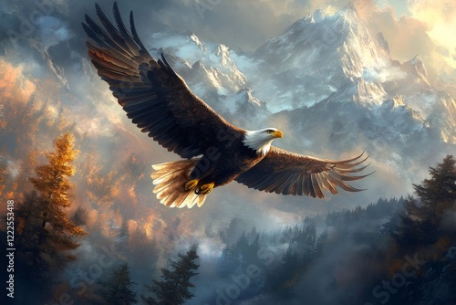 Wallpaper Mural Majestic bald eagle soaring over misty mountain forest Torontodigital.ca