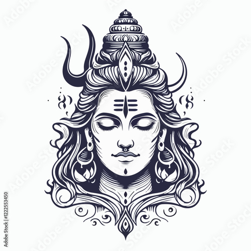 Lord Shiva Portrait:  A serene and detailed black and white illustration of Lord Shiva, a prominent deity in Hinduism. He's depicted with his third eye open and adorned with traditional symbols.