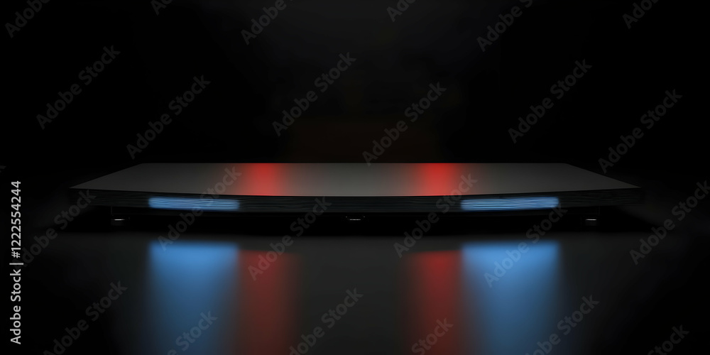 Sleek Device Emits Red and Blue Light Beams in Dark Room, Creating a Futuristic Vibe. Sleek Device Emits Red and Blue Light Beams in Dark Room, Creating a Futuristic Vibe.