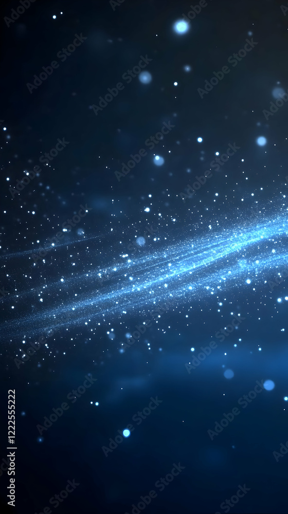 Abstract Blue Background with Glowing Particles Flows Smoothly and Dynamically in the Dark