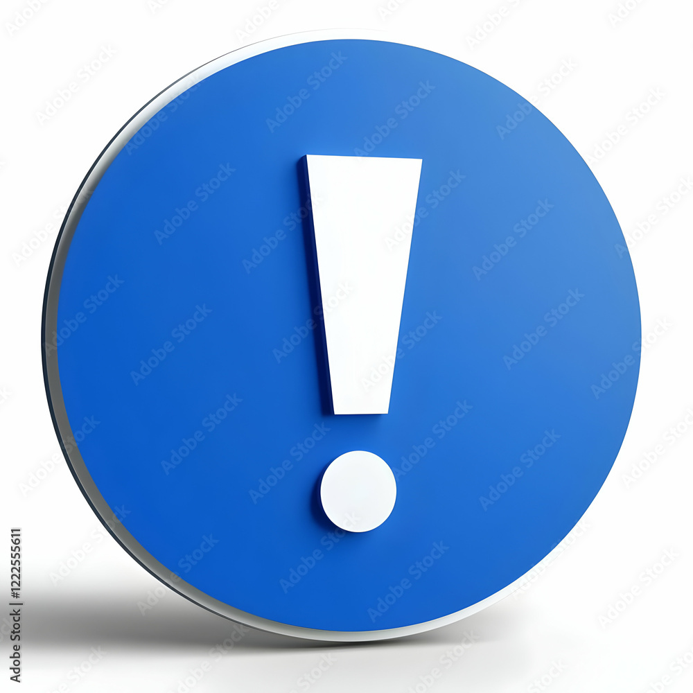 3D White Exclamation Point Symbol on a Blue Circular Background with a White Border 3D White Exclamation Point Symbol on a Blue Circular Background with a White Border