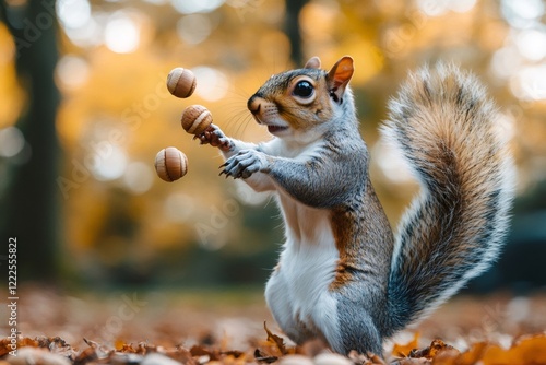 Squirrel juggling nuts in autumn forest photo