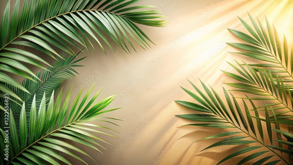 Illuminated Tropical Fronds Arranged Symmetrically Against a Warm Neutral Background, Creating a Serene and Peaceful Atmosphere, Ideal for Design Projects and Visual Storytelling Illuminated Tropical Fronds Arranged Symmetrically Against a Warm Neutral Background, Creating a Serene and Peaceful Atmosphere, Ideal for Design Projects and Visual Storytelling