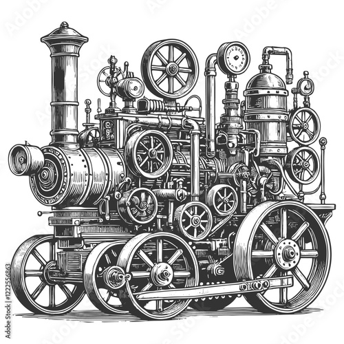 steam engine, featuring complex gears, pipes, and gauges, highlighting industrial engineering and craftsmanship sketch engraving generative ai vector illustration. Scratch board. Black and white image