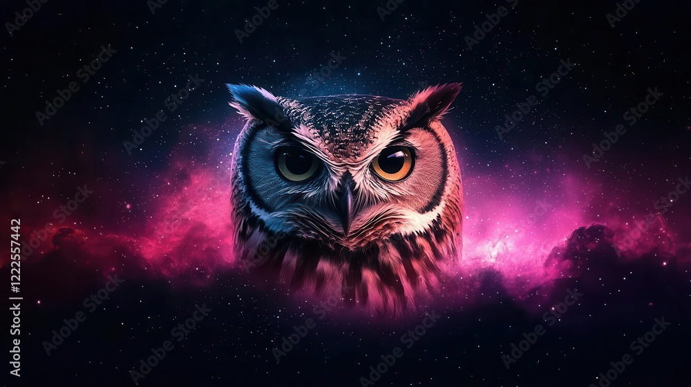 Fototapeta premium Owl camouflaged in glowing cosmic patterns, unseen in the galaxy, 3D illustration