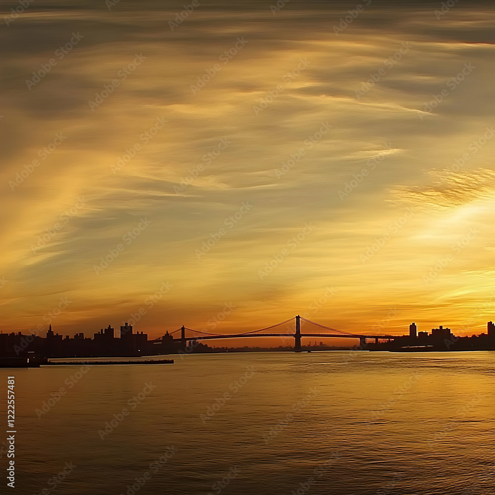 Golden Sunset Illuminates Suspension Bridge and City Skyline Across Calm Water Golden Sunset Illuminates Suspension Bridge and City Skyline Across Calm Water