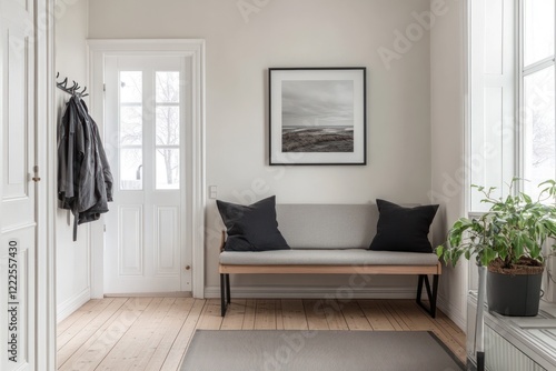 Modern hallway bench, coastal art, natural light, winter scene photo